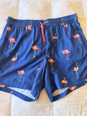 Magic Blue Swim Trunks with Pink Flamingo Print